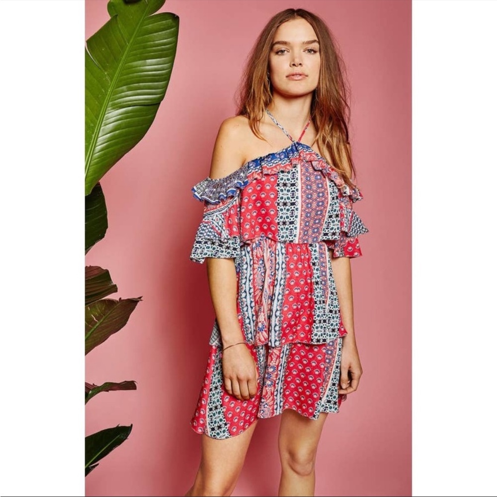 Parker Lorenzo Silk Cold Shoulder Patchwork Print Ruffle Mini Dress Size 4 NWOT